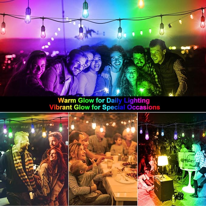 Mlambert 48FT Outdoor Patio Lights Waterproof Dimmable with Remote, RGB Cafe LED String Light with 15 Shatterproof Bulbs for Bistro Party-Black 1 Pack