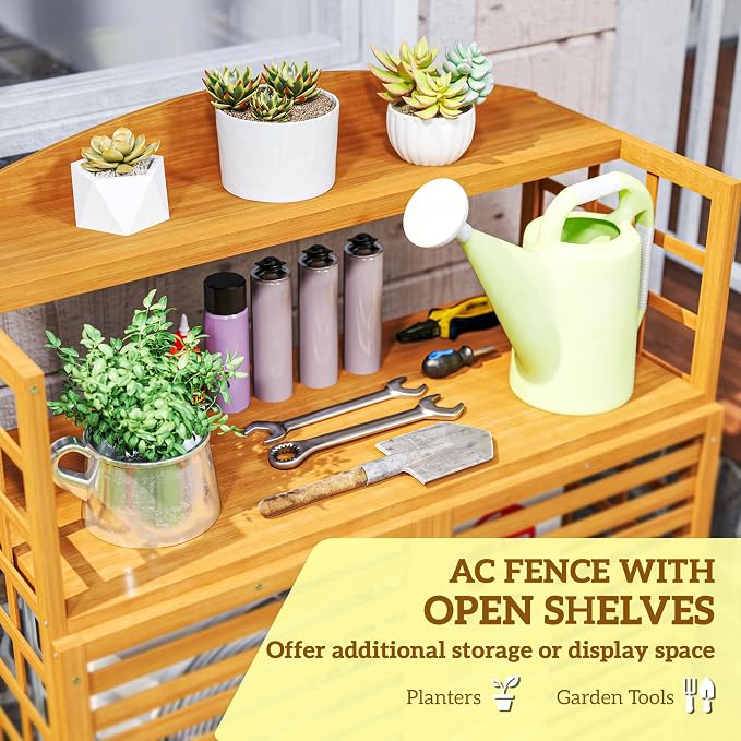 Outsunny Outdoor Air Conditioner Fence with Open Shelves, Wood Outdoor Privacy Screen Potting Table, Pool Equipment Enclosure for Patio, Slatted AC Fence for Outside Unit, Light Brown