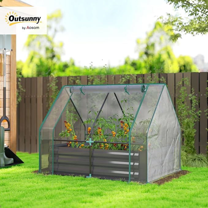 Outsunny 4 x 3ft Metal Planter Box with Mini Greenhouse, Galvanized Raised Garden Bed with Cover for Herbs and Vegetables, Small Greenhouse for Patio Garden Balcony, Clear and Dark Gray
