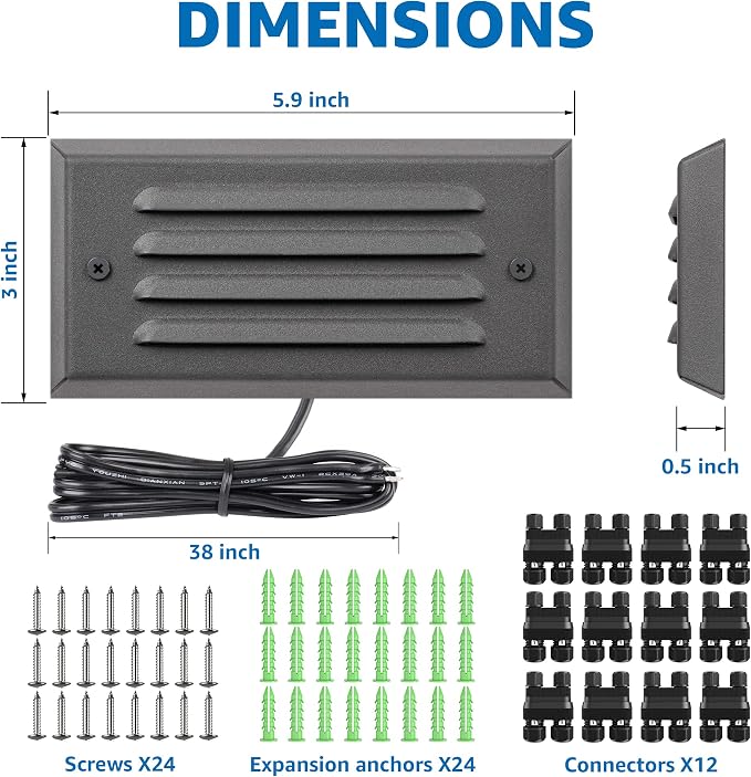 SUNVIE Low Voltage Step Lights Outdoor 5W LED Stair Lights with Horizontal Louver Faceplate Deck Lights for Steps Stairs Fences 12V 3000K 3.2FT ETL Listed Wire, Fastlock2 Connectors Included, 12 Pack