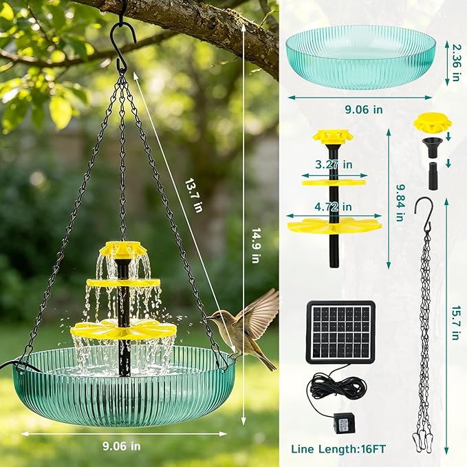 3-Tier Hanging Solar Bird Bath Fountain, Solar Pump Cascading Water Feeder with 16.4FT Cord, Large Bird Bowl for Hummingbirds Wild Birds, Outdoor Garden Patio Backyard Solar Powered Decor