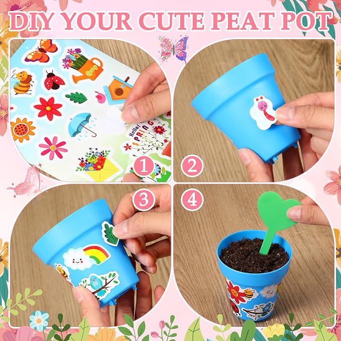 100 Sets Garden Pot Craft Kit, Flower Plant Spring Craft Including Plastic Nursery Plant Pots Labels Tags Stickers for DIY Flower Planting Growing Birthday Arts Kit (Macarons)