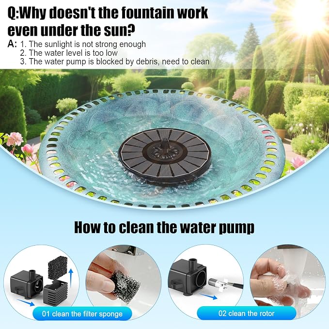 Solar Fountain Work On Cloudy Day,Solar Water Bird Bath Fountain with Faster Conversion Glass Solar Panel and Power Indicator,Built-in 2000mAh Battery,Outdoor Garden Decor(Black Panel)