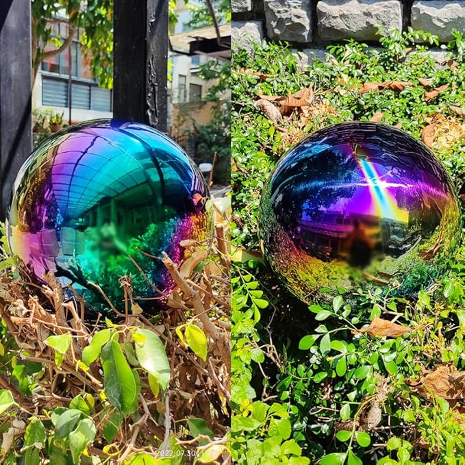15 inch Diameter Gazing Ball,Rainbow Stainless Steel Polished Reflective Smooth Garden Sphere Globe Mirror,Colorful and Shiny Addition to Any Garden or Home
