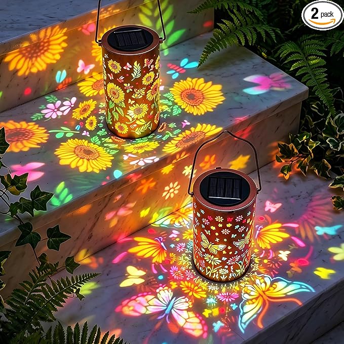 2Pack Colorful Solar Lanterns Outdoor Waterproof, Garden Decor Gifts for Women Mom Grandma - LED Sunflower and Butterfly Solar Powered Lights Metal Hanging Lantern for Outside Garden Patio Yard Porch