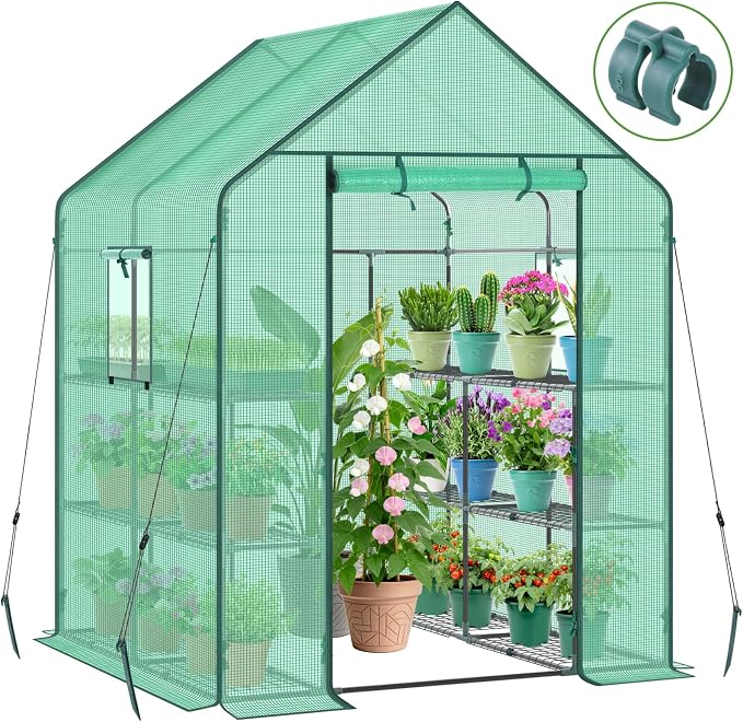 Ohuhu Greenhouse for Outdoors with Screen Windows, 57 x 57 x 76'' Walk in Plant Greenhouses Heavy Duty with Durable PE Cover, 3 Tiers 12 Shelves Stands Plastic Portable Green House with Shelf Clips