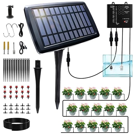 Vacation Plant Waterer, Solar Drip Irrigation System for 15 Pots with Auto Watering While Away on Trip or Business, 49FT Hose, Low Water Buzzer & Split Panel, for Garden Balcony Greenhouse