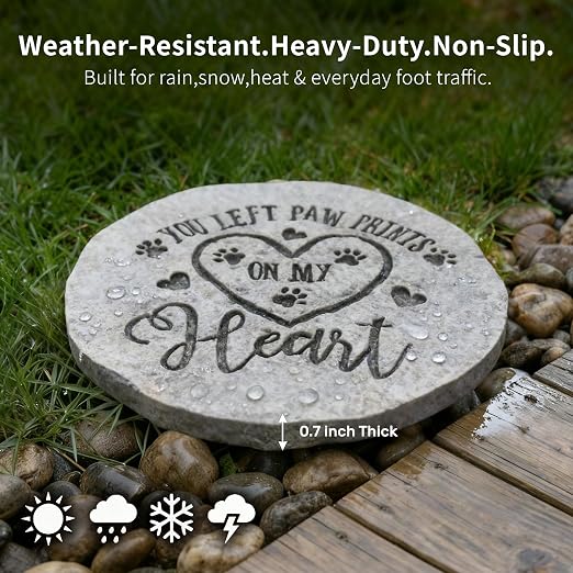 Landoraloria Pet Memorial Stone, 10” Cement Heart Stepping Stone, Outdoor Garden Remembrance Stone for Loss of Dog or Cat – “You Left Paw Prints on My Heart”