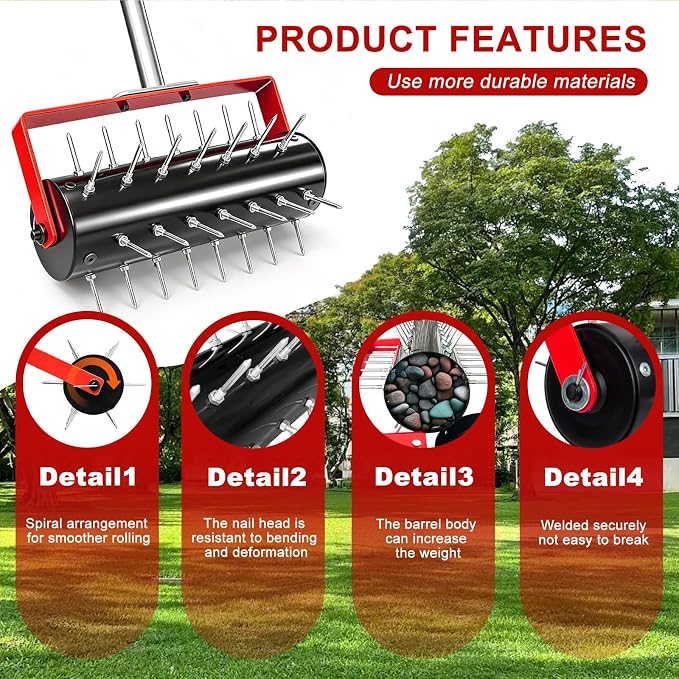 Rolling Lawn Aerator Tool Heavy Duty Manual Push Aerator Lawn Tool with 42 Spikes Lawn Aerator Spike Tool Soil Penetrator Push Lawn Aeration (70in)