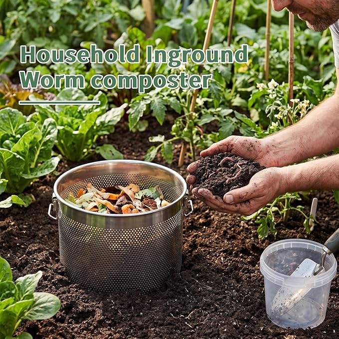 2 Set Inground Worm Farm 2.6 L Garden Mini Vermicomposting Bin Stainless Steel Outdoor Compost Bin with Handle for Garden Beds & Home Use Vermicomposting Box Kitchen Food Waste with Holes