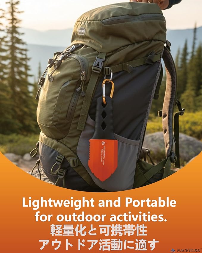 Ultralight Backpacking Trowel with Grip Handle Cover, Aluminum Camping Shovel with Storage Pouch, Long Handle Potty Multitool for Hiking, Camping, Survival Gear (Orange)