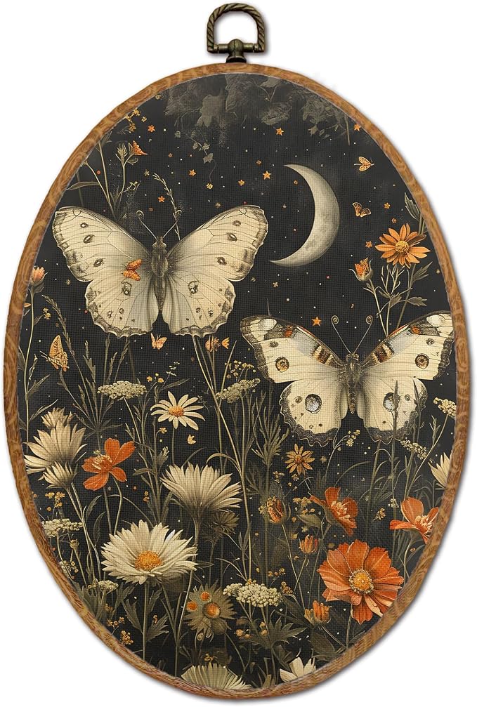 DOFQZ Dark Floral Butterfly Oval Wall Art Decor, Cottagecore Moth and Butterfly Framed Wall Art, Mystical Insect Canvas Walls Hanging Decor for Home Bedroom Living Room, 8.5x11.5