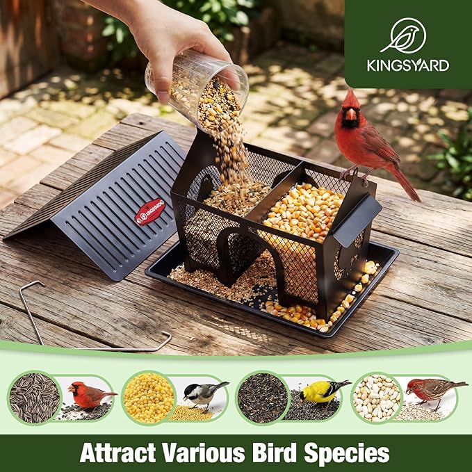 Kingsyard Bird Feeder for Outdoors Hanging, Dual-Use Metal Mesh Wild Bird Feeders with Seed Tray & Weatherproof Roof, 3 lbs Large Capacity, Black