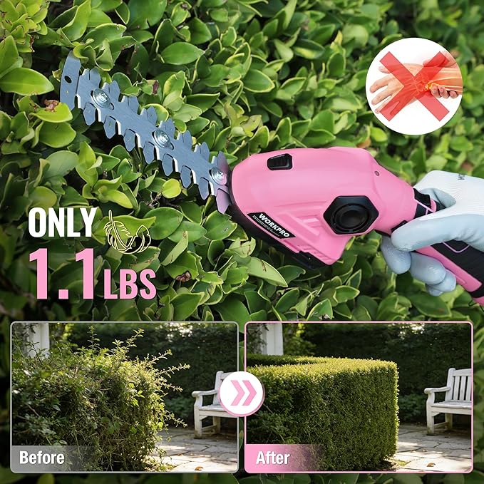 WORKPRO Pink Cordless Grass Shear & Shrubbery Trimmer - 2 in 1 Handheld Hedge Trimmer 7.2V Electric Grass Trimmer Hedge Shears/Grass Cutter 2.0Ah Rechargeable Lithium-Ion Battery - Pink Ribbon