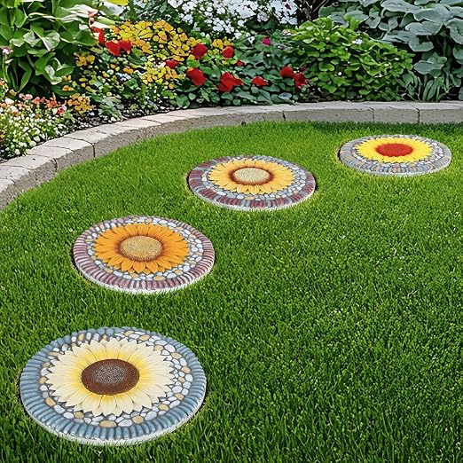 4 Pack Sunflower Stepping Stones for Garden, 10-Inch Faux Stepping Stones Outdoor, Decorative Hand-Painted Garden Stones, Weather-Resistant Pathway Stones for Walkway Yard Patio, Large Stepping Stones
