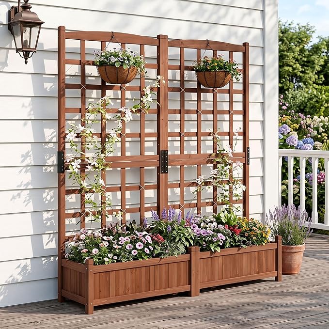 Giantex Wooden Raised Garden Bed with Trellis, Dual Large Planter Boxes for Climbing Plants Vegetables Flowers, Elevated Outdoor Planter w/Drainage Holes & Privacy Screen, Patio Backyard Decoration