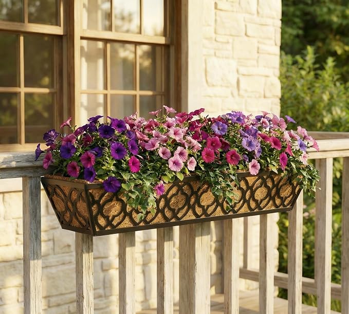 Y&M Deck Railing Planter Boxes 30 Inch 2 Pack, Adjustable Balcony Planter for Outdoor Plants, Metal Railing Planter Box for Deck, Fence and Porch, Window Boxes Outdoor, Sturdy Hanging Planter