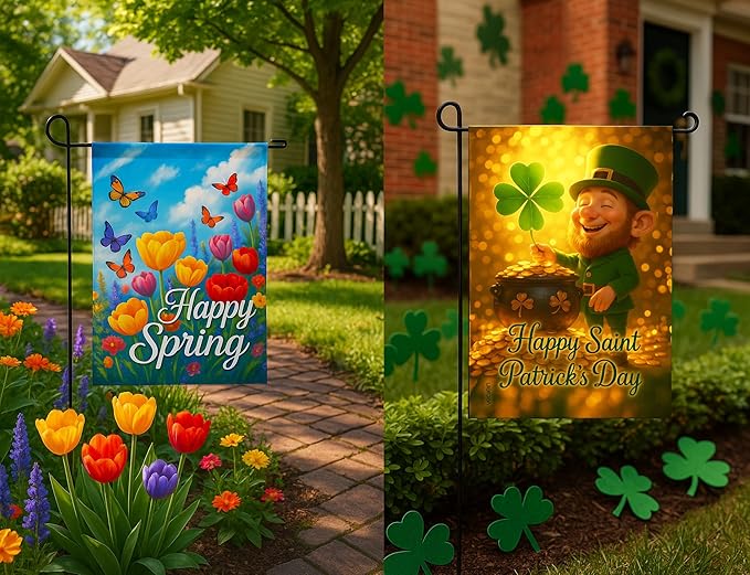 Premium 12 Pack Seasonal Garden Flags Set 12x18 Inch Double Sided, Burlap Outdoor Yard Flags for Spring, Summer, Fall, Winter, Easter, Mother’s Day, Valentine’s, St. Patrick’s, 4th of July, Halloween, Thanksgiving, Christmas
