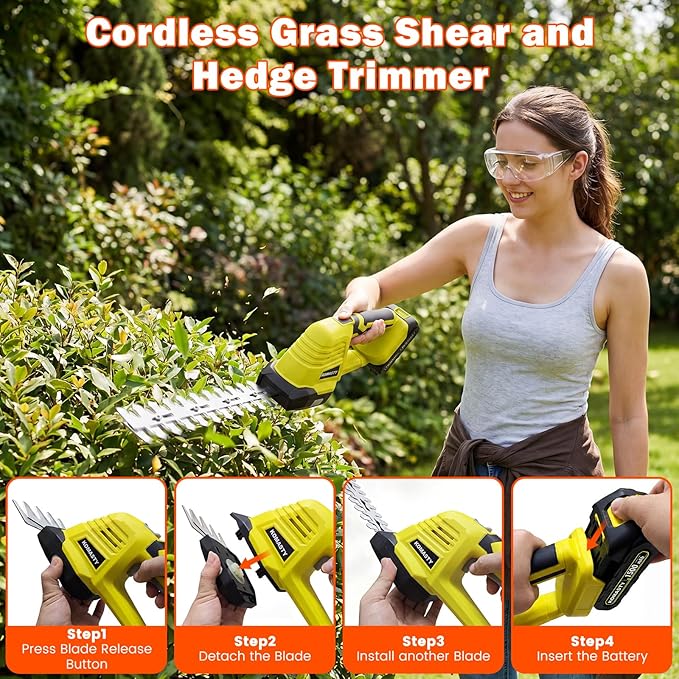 20V Hedge Trimmer Cordless with 2 Battery and Charger, 2 in 1 Electric Hedge Shears, Shrub Trimmers with 2 Blades, Battery Powered Bush Trimmer Mini Handheld Grass Cutter Yard Tool