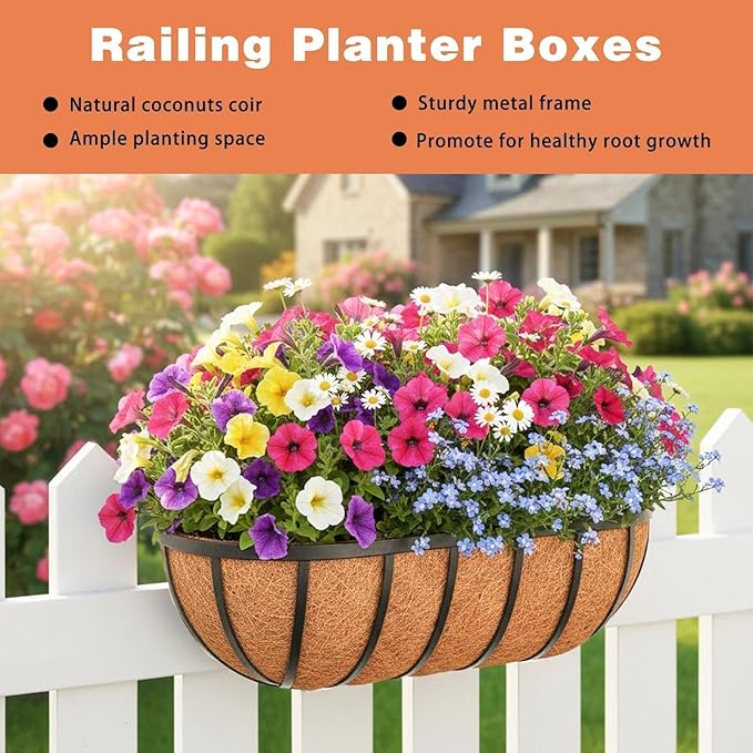 4 Pack 36" Railing Planter Window Box with Coco Fiber Liner Horse Trough Planter The Railing Planter Boxes for Deck Porch Fence Outdoor