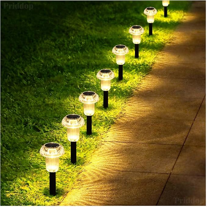 Priddop Solar Lights Outdoor Waterproof 8Pack 3000K Warm White LED Mushroom | Yard Pathway Garden Decorative Outside Landscape Path Lighting Patio Flowerbed Walkway Ground Pattern Acrylic Head ABS Stake