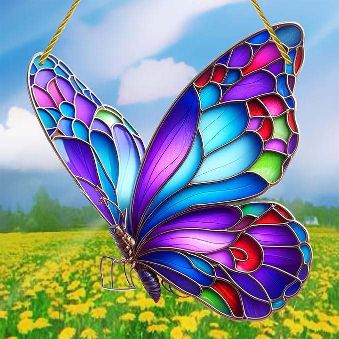 Color Butterfly Stained Window Hanging Ornament, Butterfly Shape Garden Stained Acrylic Double-Sided Printed Window Panel, Great Gift for Mom Grandma for Birthday Mother's Day or Housewarming