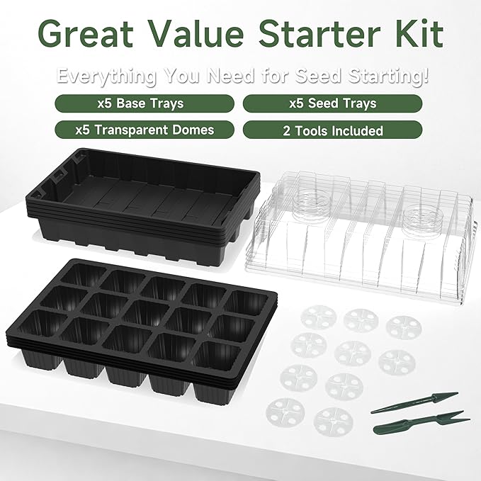 Gardzen 5-Pack Seed Starter Kits, Reusable Plant Germination Trays with Total 75-Cell, Seed Starter Tray with Humidity Vented Domes and Bases for Starting Vegetable Flower Herb Seeds 15" x 9", Black