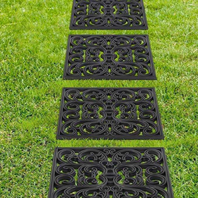 Pangda 8 Pcs Rubber Stepping Stones Outdoor Garden Walkway, 12 x 12 Inch Heavy Duty Pathway Pavers Retro Decorative Stepping Stones for Outside Landscaping Yard Lawn Path(Black,Scroll Square)