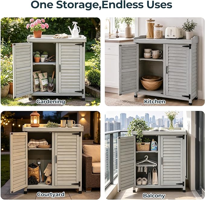 Outdoor Garden Storage Cabinet with Potting Bench, Wood Cabinet with Metal Top, Planting Workstation Table for Patio, Backyard and Garden Tools (Grey)