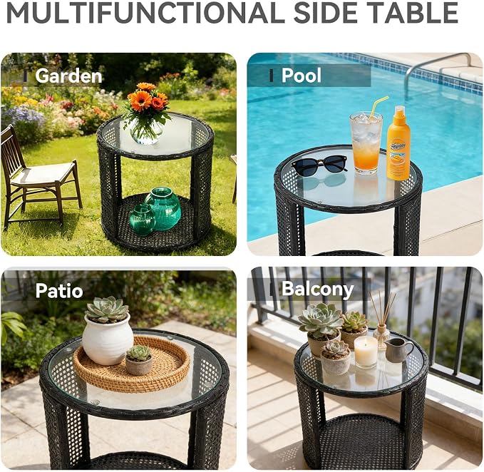 Patio Rattan Side Table - Outdoor Wicker Fashionable Side Table with Large Storage, Round End Table with Glass Table Top for Garden, Backyard, Porch, Deck, Black
