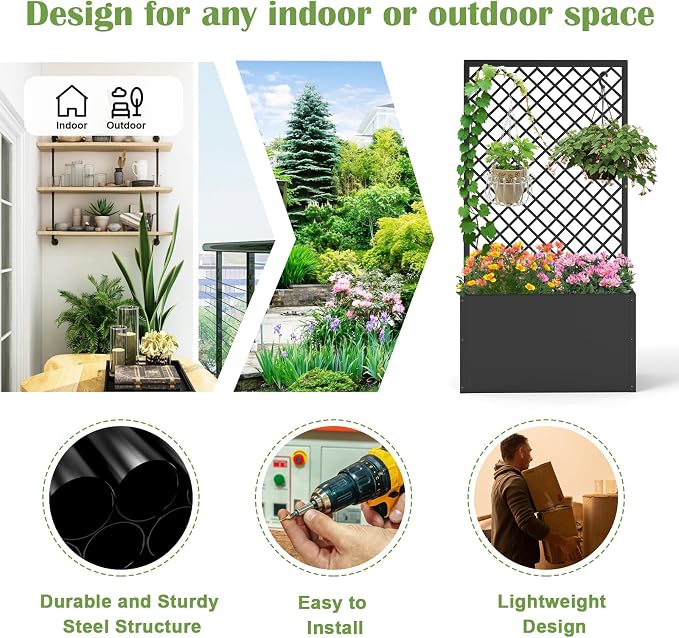 kinbor Planter with Trellis - Metal Planter Boxes Outdoor, Raised Garden Bed with Lattice Trellis for Climbing Plants, Black Flower Boxes Outdoor