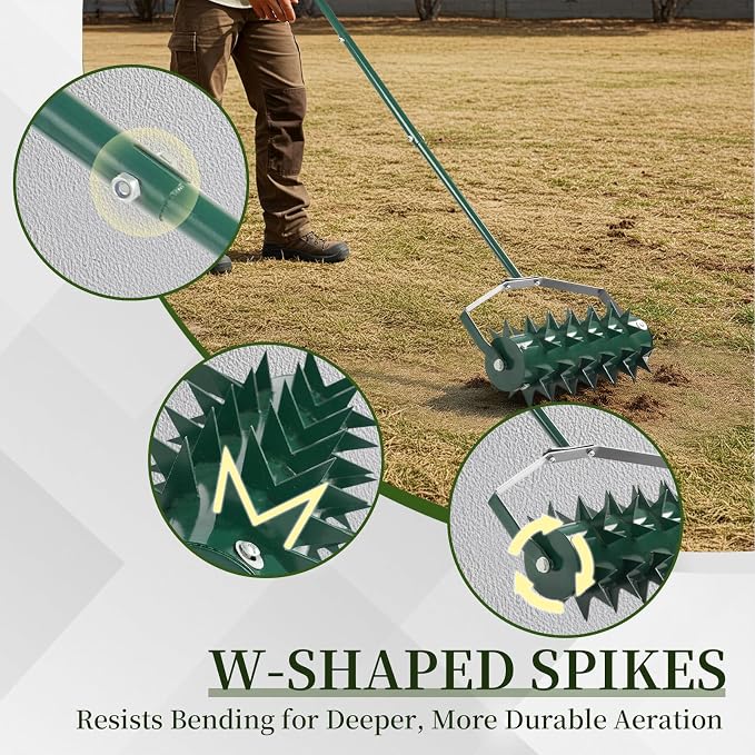 Rolling Lawn Aerator, Manual Lawn Aerators, Ergonomic Design, W-Shaped Blade, 15.75" Yard Aerator Roller with 3-Section Handle, Easy to Assemble, Heavy Duty Rotary Push Spike Aeration Tool, Green