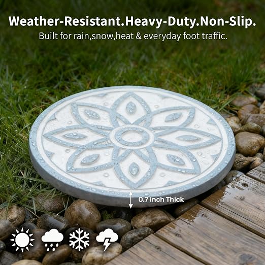 2 Pack Geometric Stepping Stones, 10” Round Cement Garden Path Stones, Mandala Mosaic Tile Design for Outdoor Patio Decor, Non-Slip & Weather-Resistant (Blue)