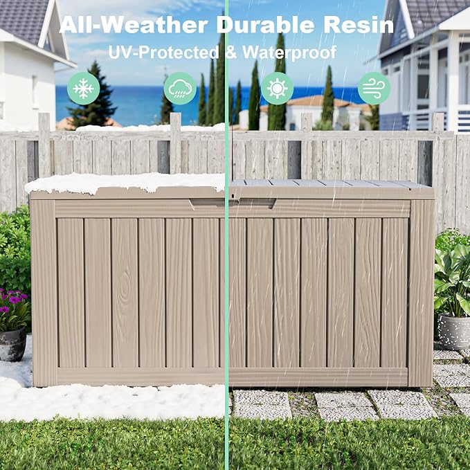 85 Gallon Outdoor Storage Box Waterproof, Resin Deck Box with Lockable Lid, Weatherproof Container for Patio Furniture Cushions, Garden Tools, Pool Accessories (Grey, 85 Gallon)