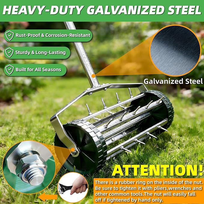 Rolling Lawn Aerator Tool, 57 Inch Back-Saving Handle, Heavy Duty Galvanized Steel Spike Aerator for Grass Roots, 1.4" D Manual Push Loosener