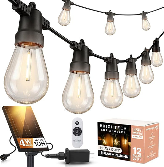 Brightech Ambience Hybrid Outdoor String Lights - Dual Plug and Solar Powered Waterproof LED Light String for Outside - 27 Ft, Dimmable 4W, Soft White Edison Bulbs for Camping, Patio, Cafe, Yard