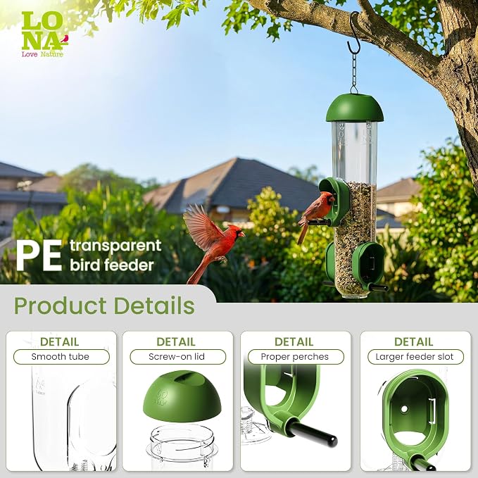 LONA Bird Feeders for Outdoors 2 Pack, Tube Bird Feeder Weatherproof with Multiple Hanging Methods, Wild Bird Feeding Silo for Outside, 3 Port