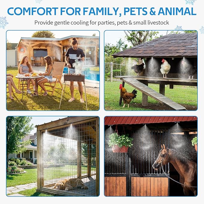HOMENOTE Misting Cooling System, 98FT(30M) Pre-Assembled Kit with 27 Brass Nozzles & 3/4" Brass Adapter, Cooling Mister for Patio, Backyard, Pets, Garden & Greenhouse