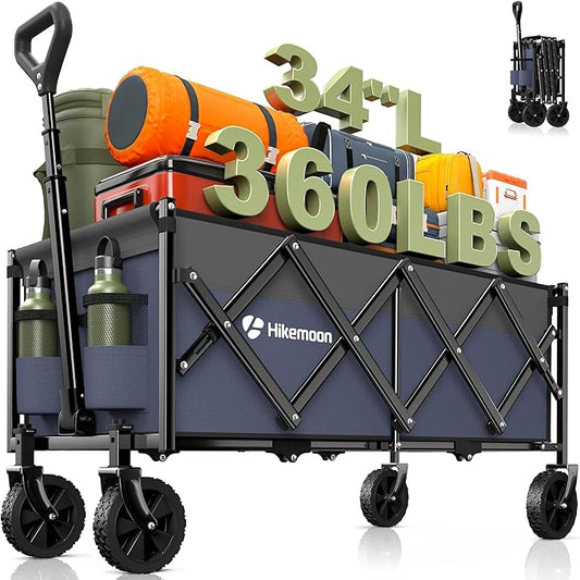 Hikemoon 34'' Extra Long Collapsible Wagons Carts Foldable, 360LBS Heavy Duty Folding Beach Wagon Cart with Wheels, Portable Utility Outdoor Wagon for Grocery, Shopping, Garden, Sports, Purple