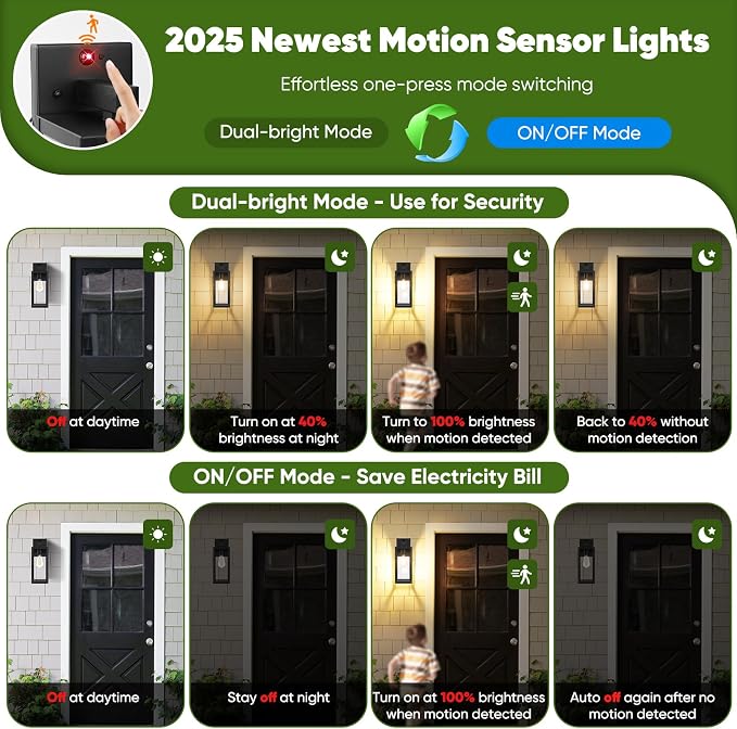 Upgraded Motion Sensor Outdoor Wall Light, Large Size Dusk to Dawn Porch Light Outdoor Wall Sconce Lantern, 3 Lighting Modes Exterior Lighting Fixture Wall Mount, Outside Light for House Garage, Black
