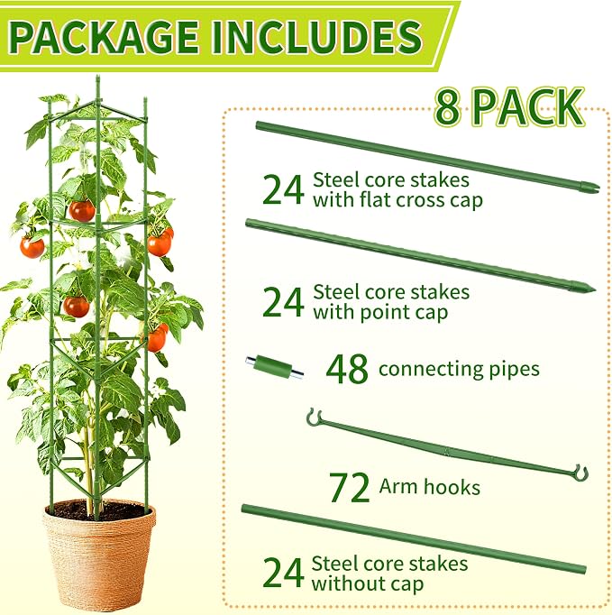 8 Pack 48 Inch Tomato Cages for Garden, Triangle Metal Plant Support with Rust-Resistant Coating, Heavy Duty Tomato Trellis for Raised Bed, Pots, Cucumbers, Peppers & Climbing Plants