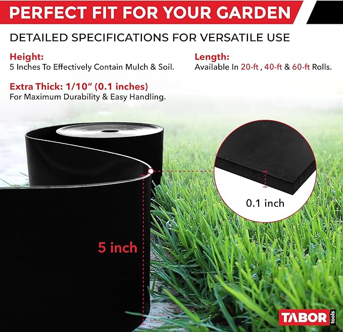 TABOR TOOLS 40 Ft Terrace Board, 5 Inch High, 0.1" Inch Thickness, Landscape Edging Coil, Grass Barrier, Bender Board, Garden Liner, ES31. (Black)