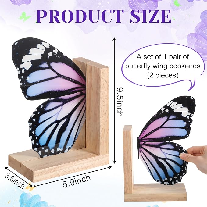 Decorative Butterfly Bookends Wooden Acrylic Butterflys Bookend Modern Bookshelf Decor Accent Book Stopper Decor for Home Farmhouse Shelves Office Lover Gift(Pale Blue Swallowtail Butterfly)