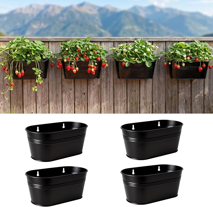 LaLaGreen Wall Planter (11.8 Inch, 4 Pack) Black Oval Metal Wall Hanging Decor Flower Plant Holder Indoor Planters Mounted Balcony Pots Railing Fence Window Deck Decoration Porch Plants Pot Baskets