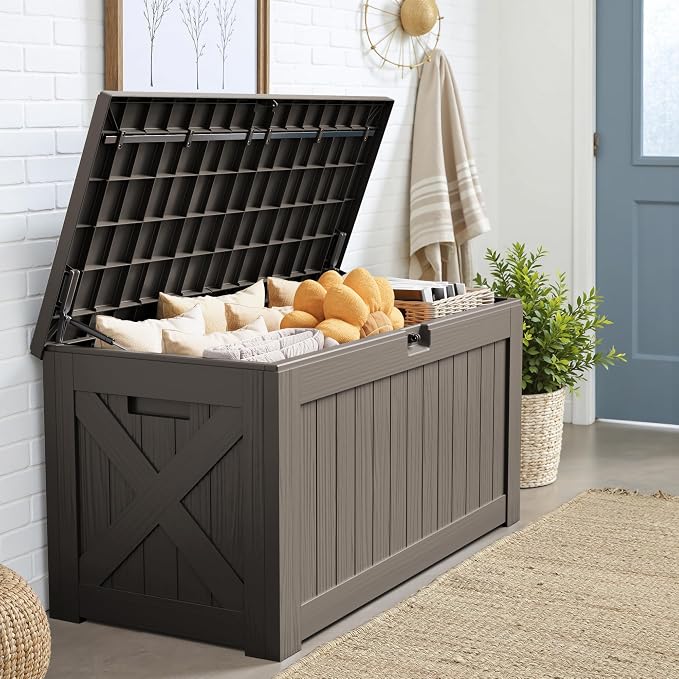 JUMMICO 120 Gallon Resin Deck Box, Large Outdoor Storage Box Waterproof & Lockable for Garden, Patio, Pools (Deep Brown)