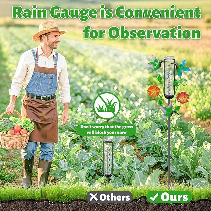 35.4” Hummingbird Rain Gauge Outdoor, Metal Rain Gauges Stake with 6“ Glass Tube, Decorative Rain Gauges for Yard Garden Lawn for Precipitation Measurement