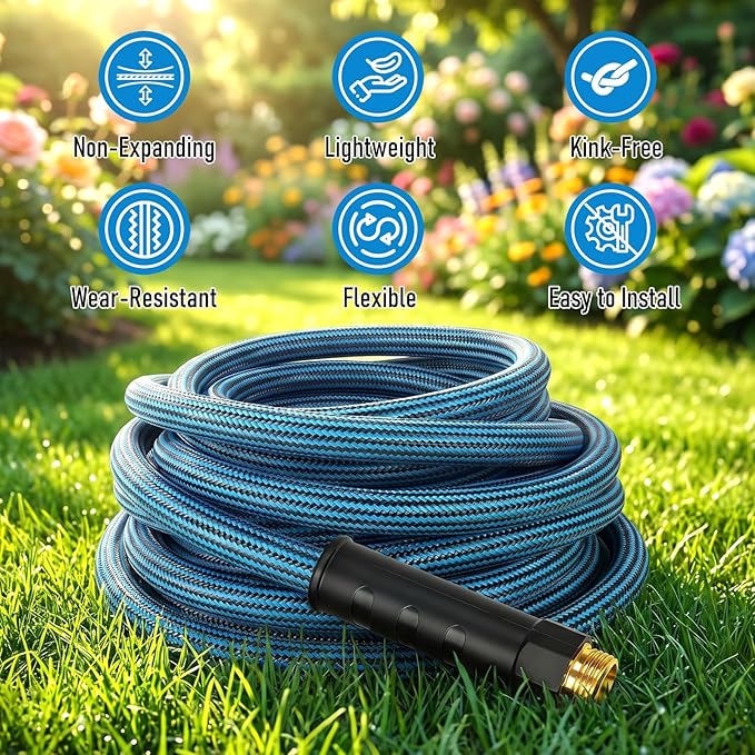 NON-EXPANDABLE Garden Hose 50 ft, Heavy Duty Flexible Water Hose, Kink Resistant Lightweight Hybrid Hose with Durable Fabric Skin, Leakproof Hose Male to Female Fittings