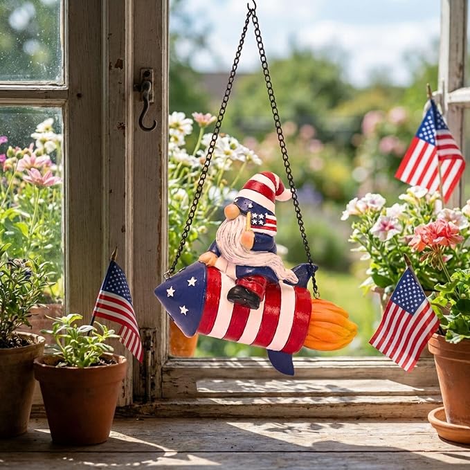 TERESA'S COLLECTIONS 4th of July Gnome Firework Decorations, Memorial Day Hanging Ornament for Home, USA 250th Anniversary Patriotic Resin Independence Day Gift for Women, Indoor Outdoor Wall Decor 8"