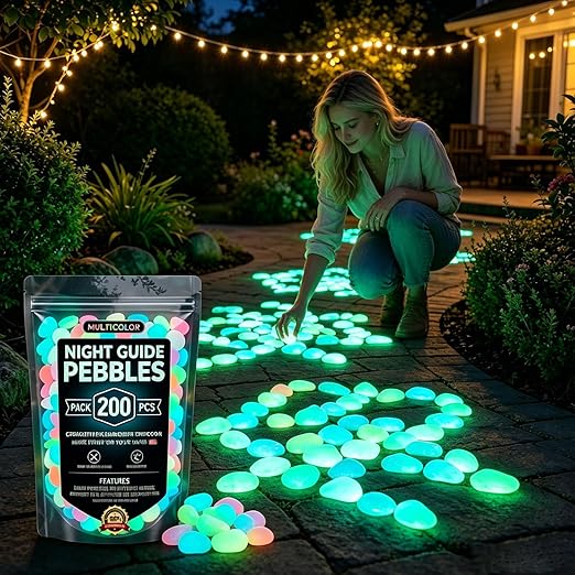 Night Guide Pebbles Solar, Colorful Glow-in-The-Dark Garden Stones, Beautiful Luminous Stepping Stones Glow Rocks for Landscaping Fish Tank Aquarium Walkway Decor (200, Multicolor)