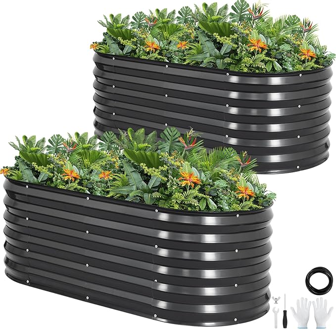 Galvanized Raised Garden Bed Outdoor |17'' Tall Planter Box Outdoor for Deep Root Plants | 2Pcs Raised Bed Kit for Gardening with Rubber Strip for Vegetables Flowers Fruits (Darkgrey, 4x2x1.4FT)